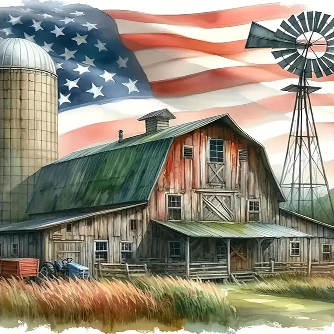 DIY 5D Diamond Painting Kits for Adults Diamond Art American Flag Landscape Rustic Farmhouse Diamond Painting Full Drill Crystal Embroidery Craft Kits for Home Wall Decor Gifts 11.8x11.8inch